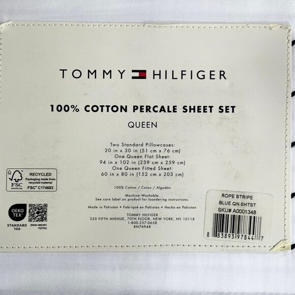 Tommy Hilfiger Navy Blue Rope Stripe QUEEN Size Sheet Set Crisp Cotton Percale - Picture 5 of 6